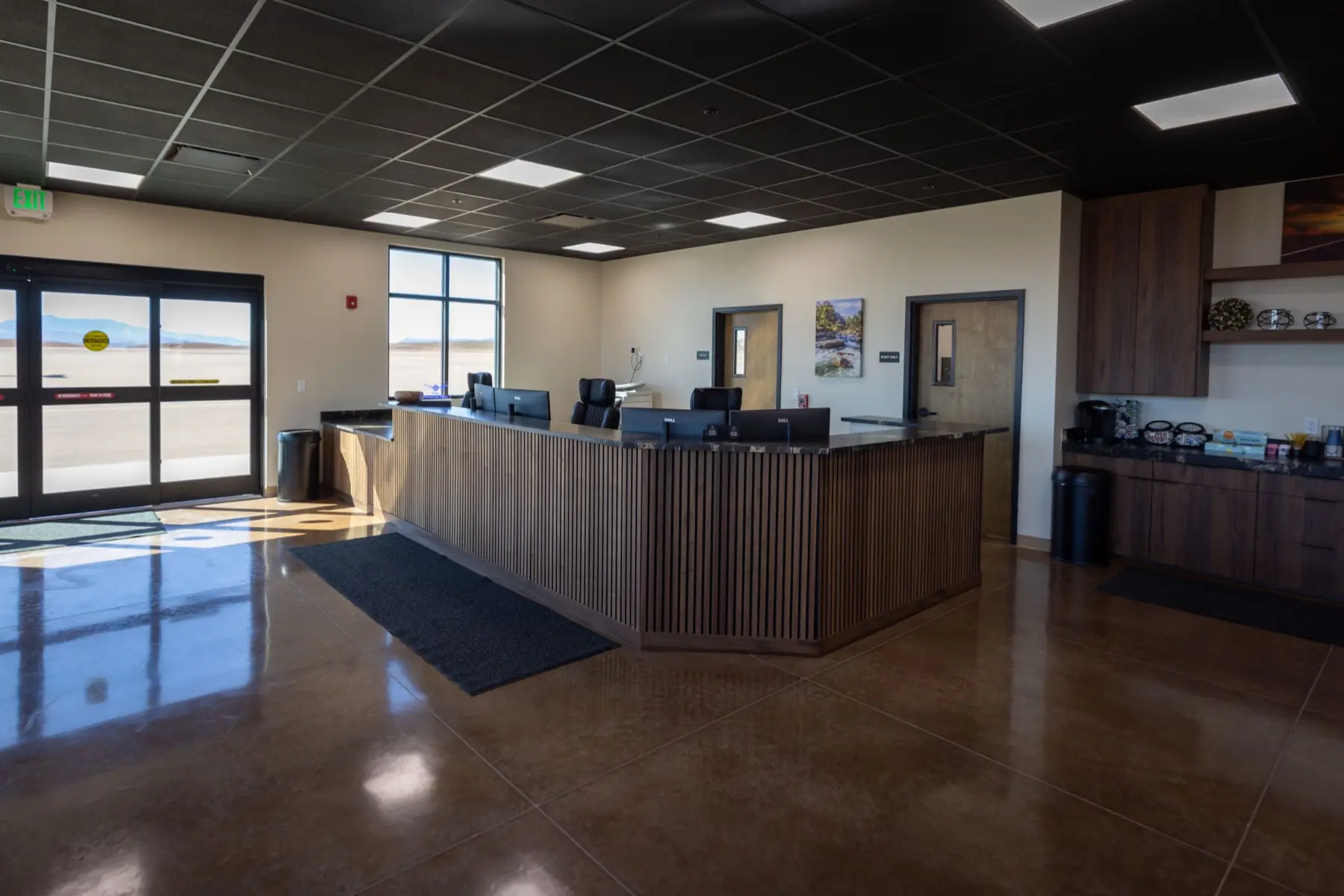 Front counter and ramp-facing entrance inside Sandstone Aviation.